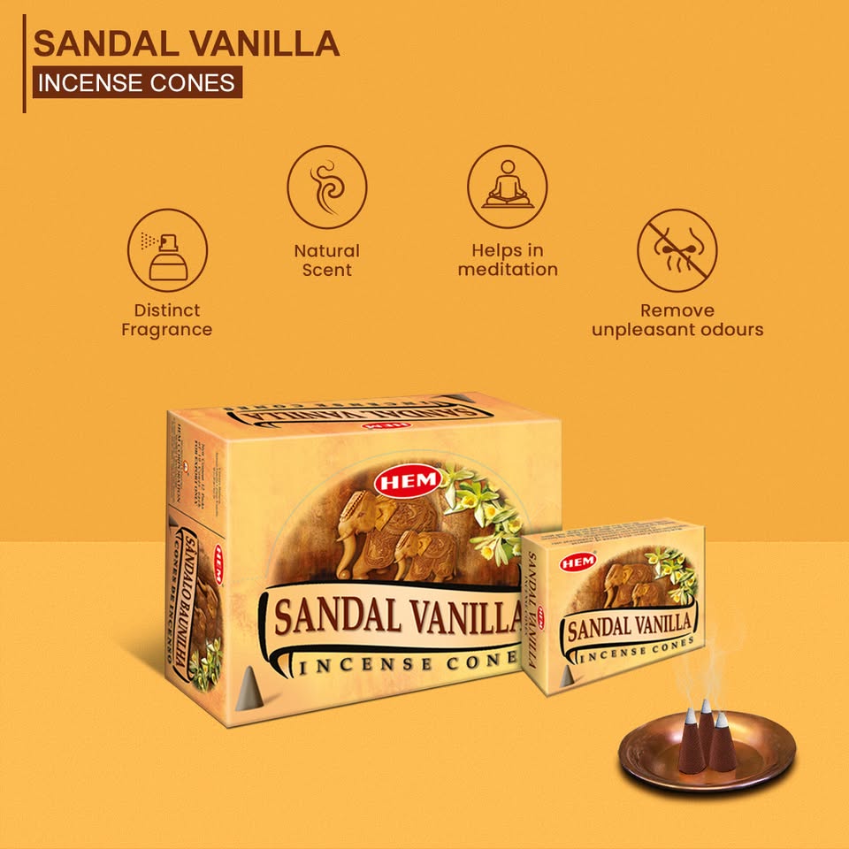 HEM Sandal Vanilla Dhoop Cones - Pack of 12 (10 Cones Each)